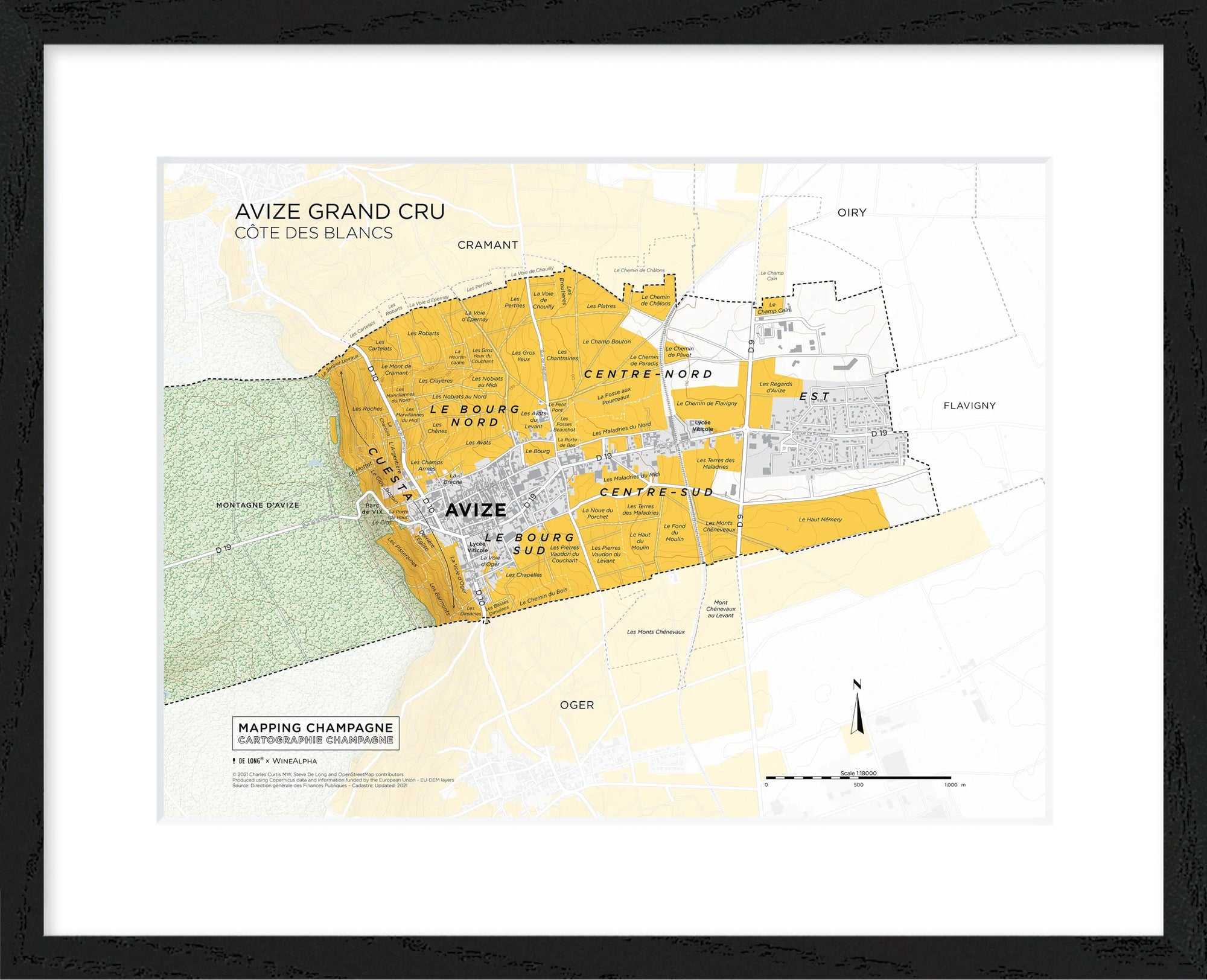De Long’s Avize Grand Cru, Côte des Blancs Framed map highlights labeled vineyard areas in this Champagne village.