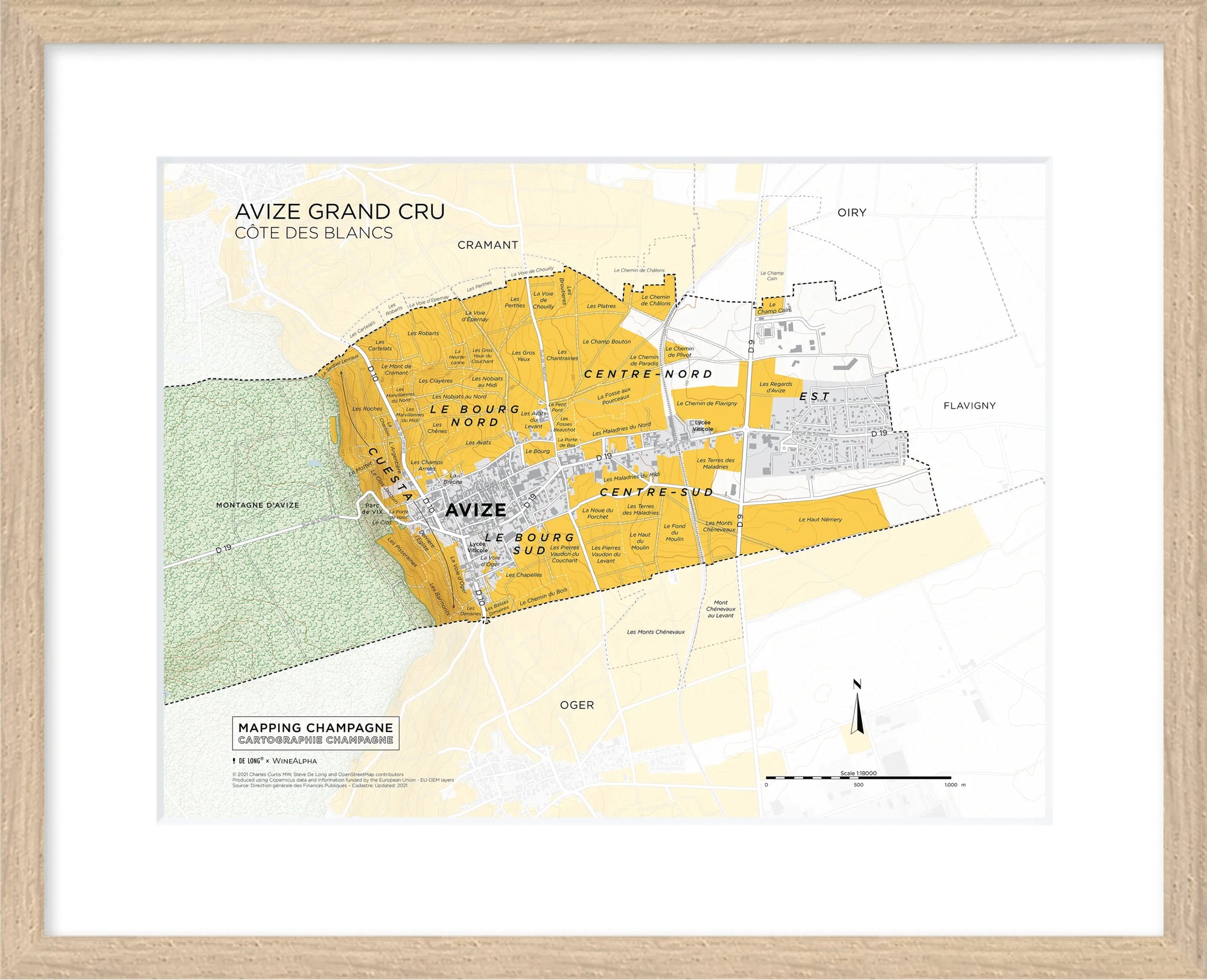 De Long’s Avize Grand Cru, Côte des Blancs Framed map highlights Champagne vineyard zones and labeled sections.