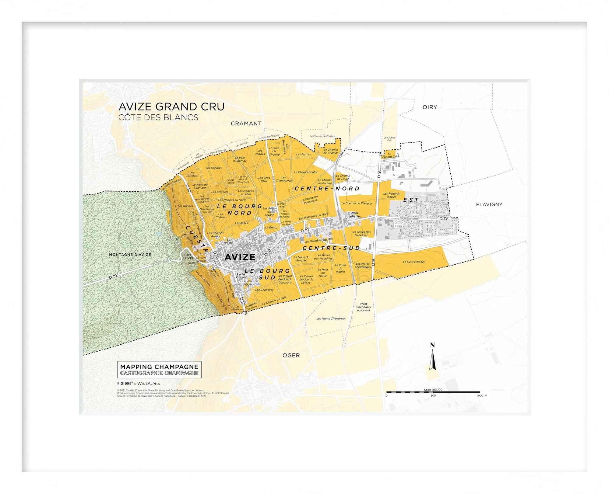 De Long Avize Grand Cru, Côte des Blancs Framed map highlighting Champagne’s Grand Cru vineyard areas.
