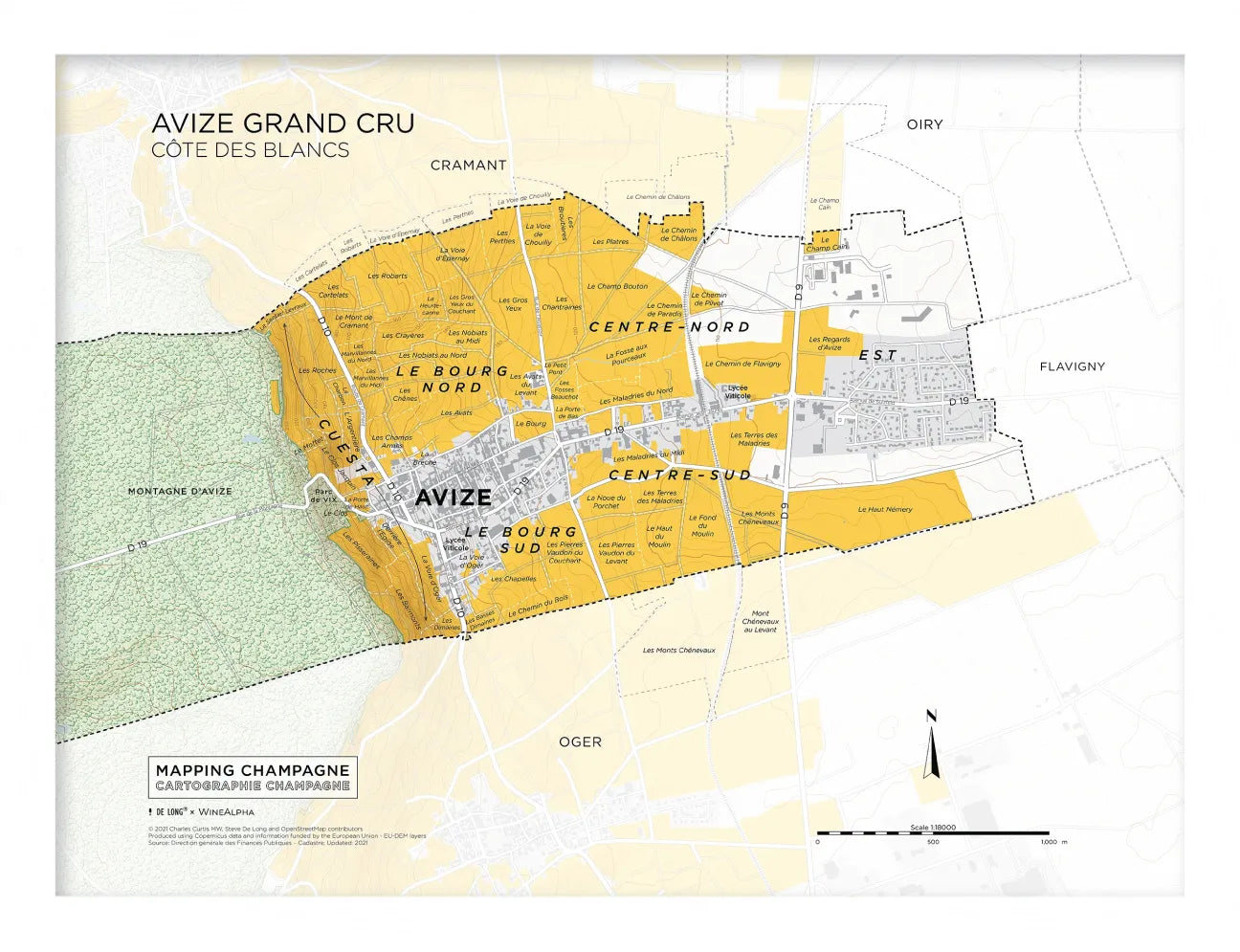 De Long's Avize Grand Cru, Côte des Blancs Framed map highlights vineyard sections and labeled regions in yellow.