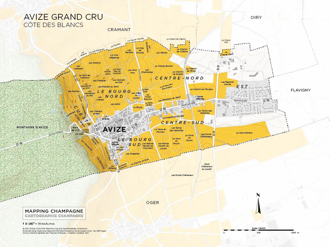 De Long's Avize Grand Cru, Côte des Blancs: French vineyard map with yellow-highlighted Avize areas.