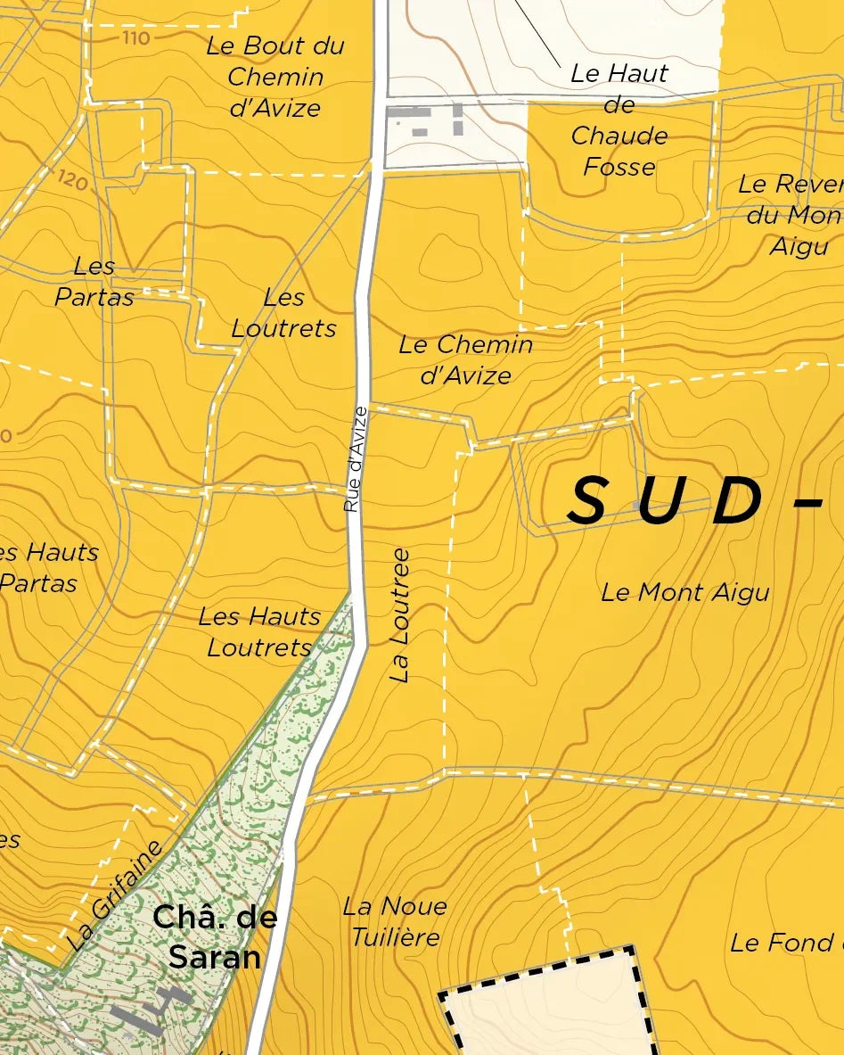A De Long map of Chouilly Grand Cru, Côte des Blancs showing vineyards, roads, and elevation near Châ. de Saran.
