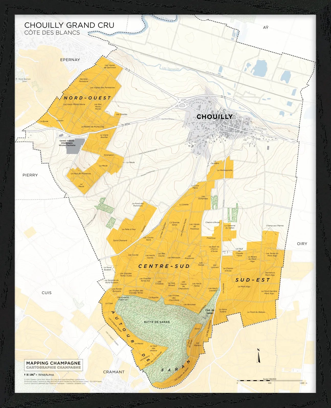 De Long's Chouilly Grand Cru, Côte des Blancs map features yellow vineyard highlights in a wood frame.