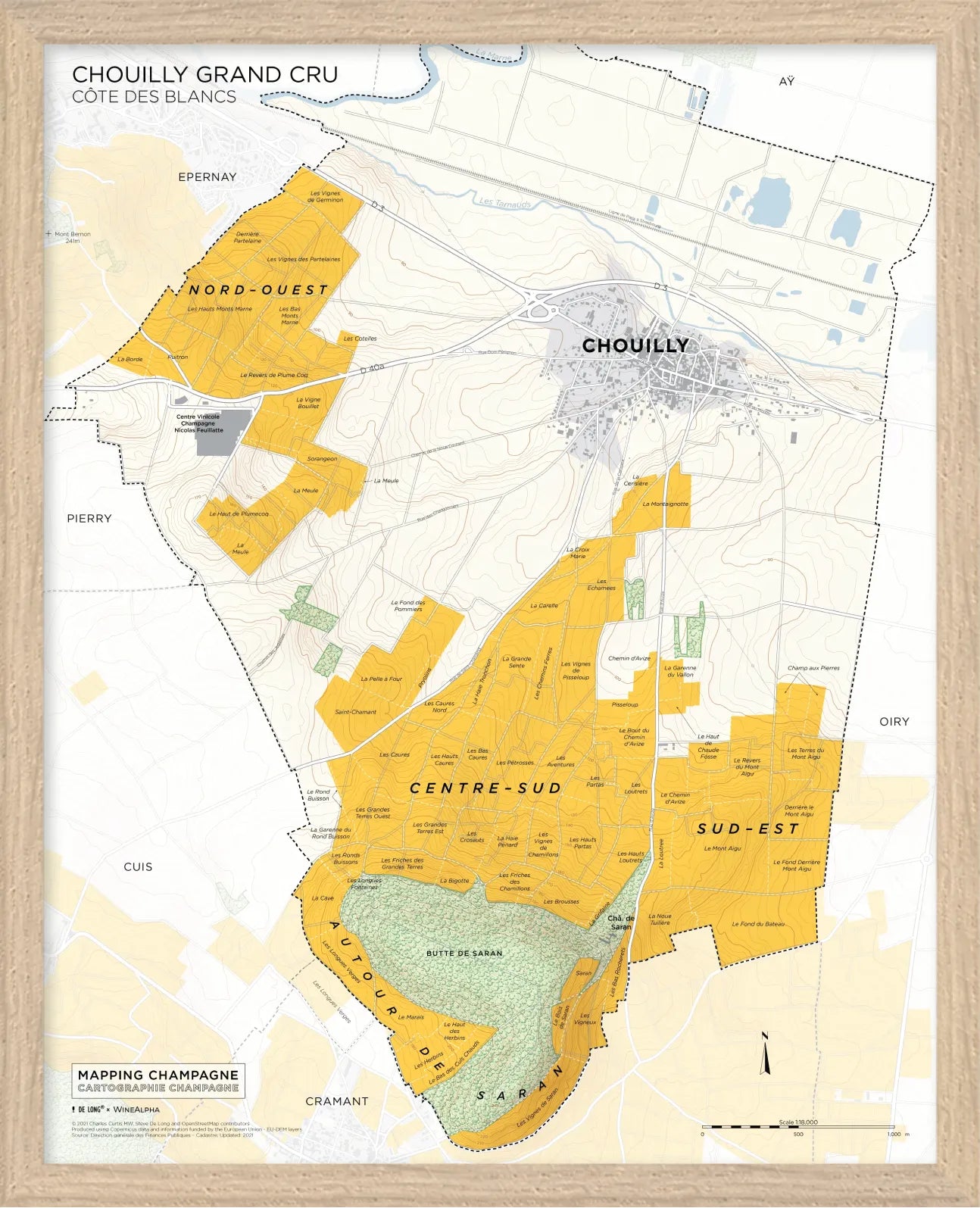 De Long's Chouilly Grand Cru, Côte des Blancs Framed map shows vineyard zones and landmarks of the Champagne village.