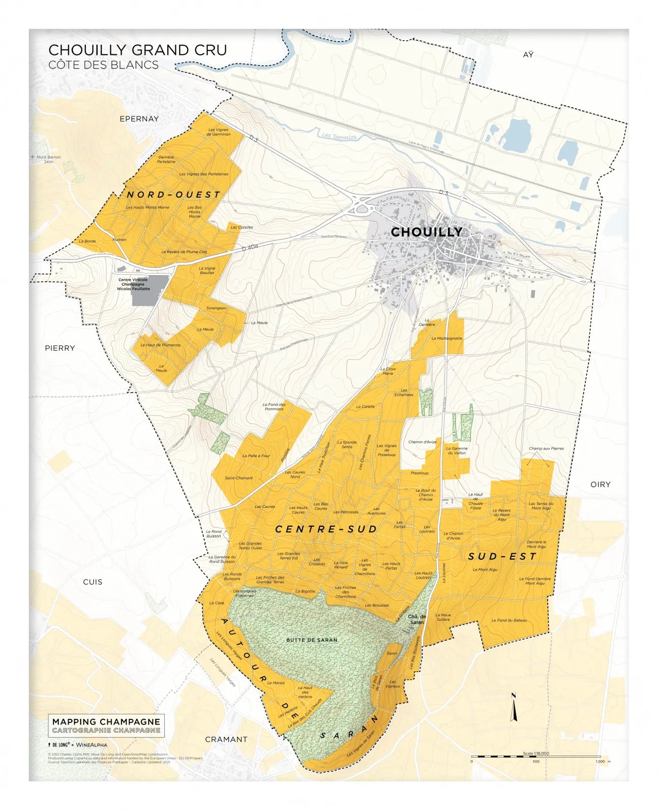 De Long’s Chouilly Grand Cru, Côte des Blancs Framed map highlights labeled vineyard regions in orange.