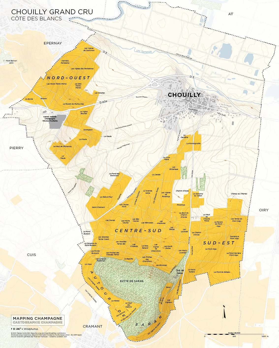 De Long Chouilly Grand Cru map labels Nord-Ouest, Centre-Sud & Sud-Est vineyards in Côte des Blancs, Champagne.