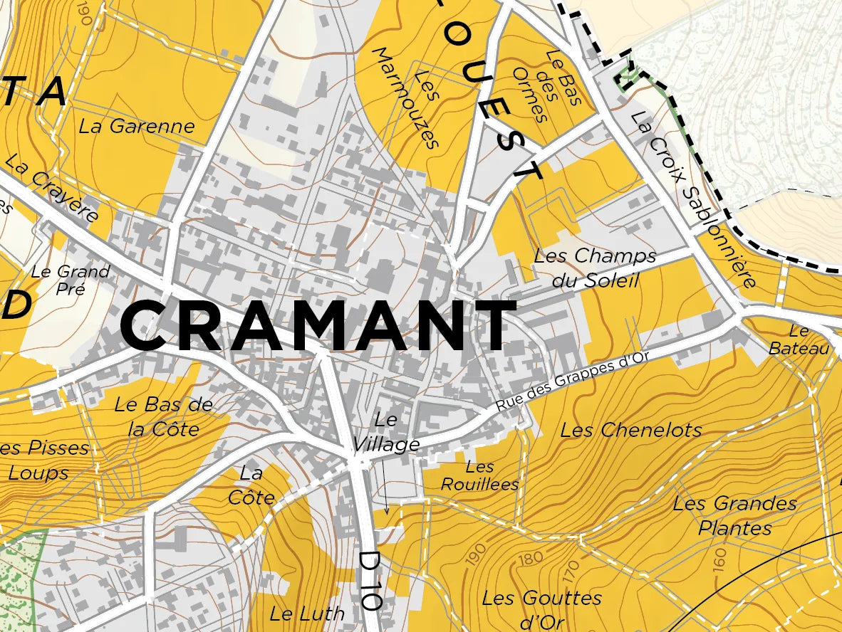 Cramant Grand Cru, Côte des Blancs map showing detailed streets, labeled neighborhoods, and yellow-highlighted grand cru vineyard areas. Main roads and key sites like Le Village and Le Bas de la Côte are marked for Mapping Champagne.