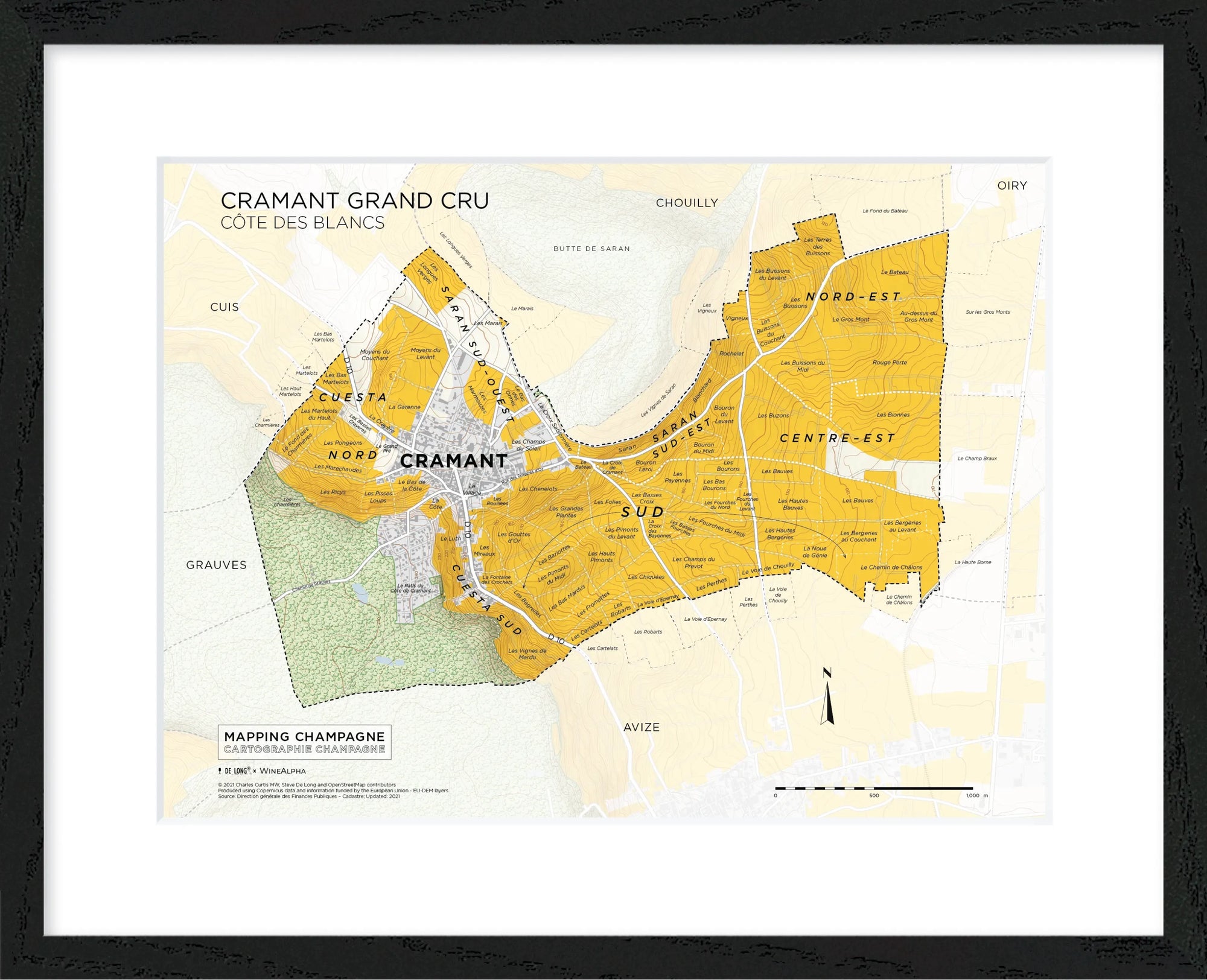 De Long Cramant Grand Cru, Côte des Blancs Framed map highlights vineyard areas in yellow.
