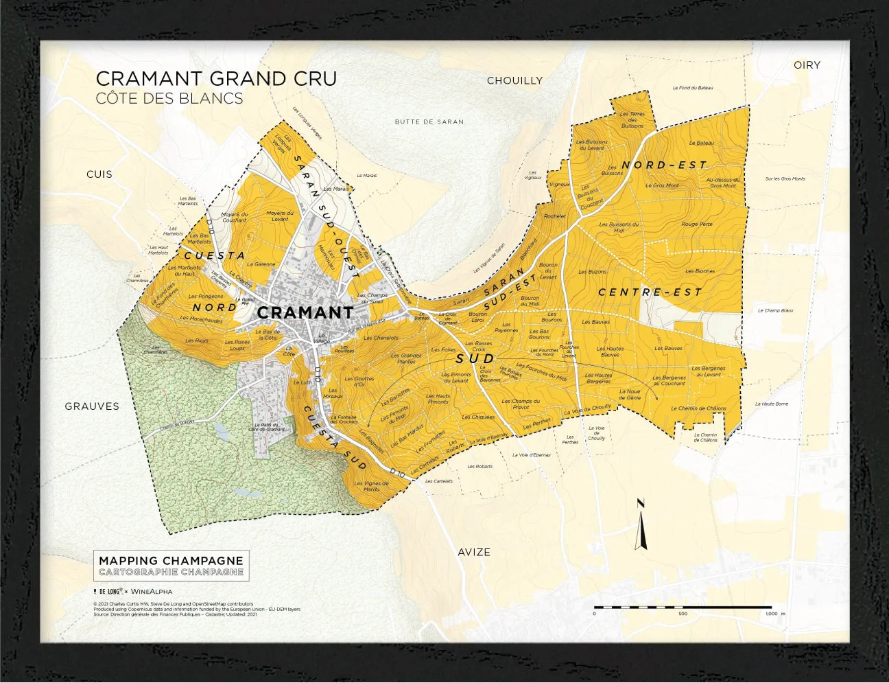 De Long’s Cramant Grand Cru, Côte des Blancs Framed highlights Côte des Blancs Grand Cru zones in yellow by region.