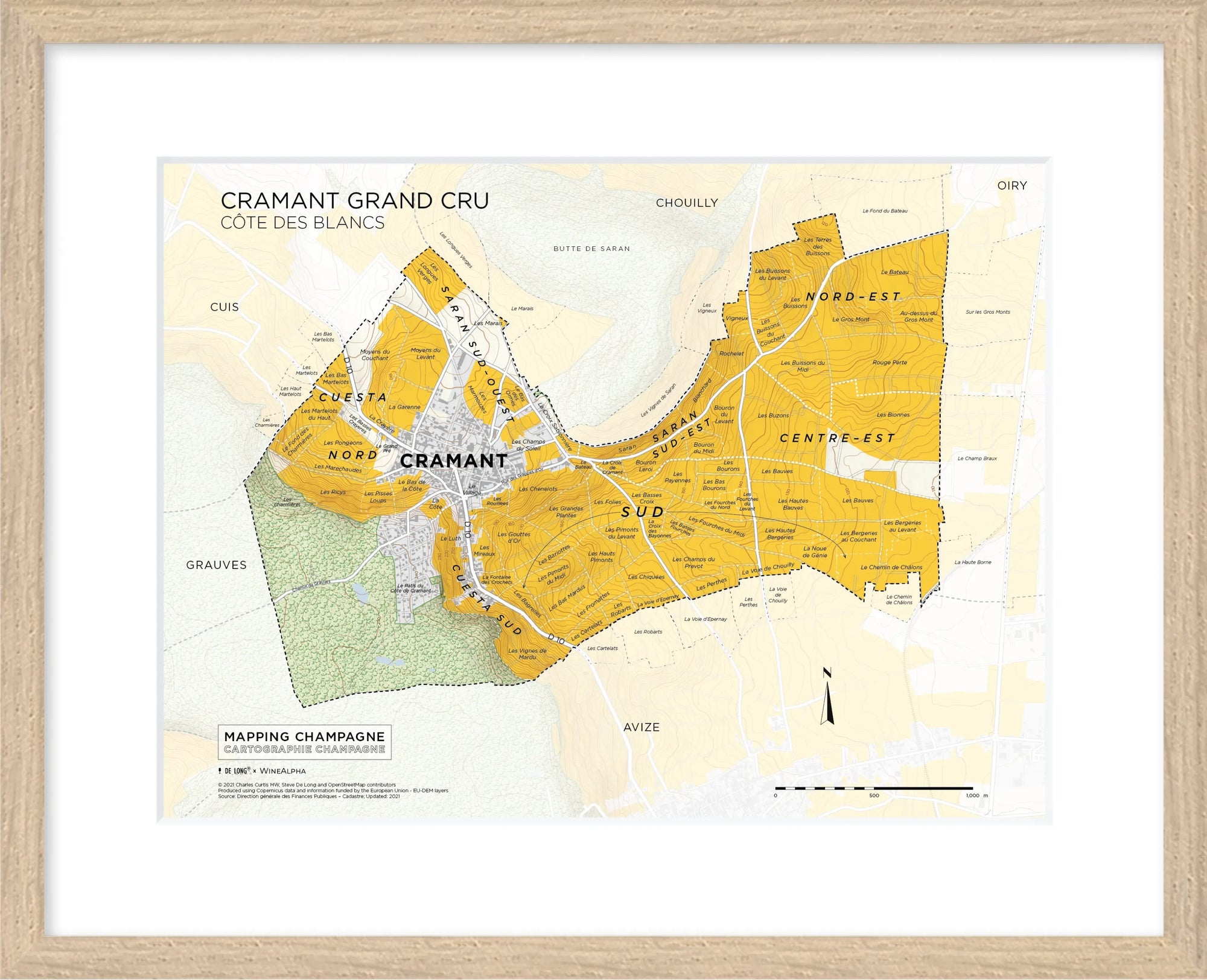 De Long’s Cramant Grand Cru, Côte des Blancs map shows vineyard areas in yellow with clearly labeled sections.