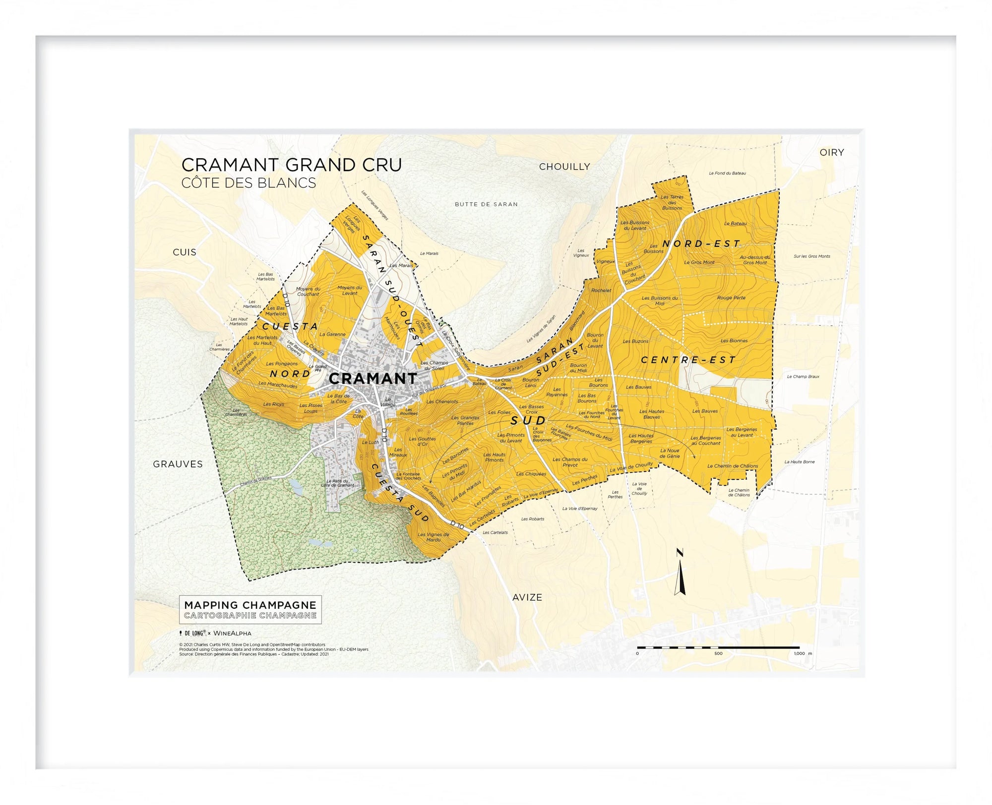 De Long's Cramant Grand Cru Côte des Blancs Framed map shows vineyard plots and labeled regions of Champagne.