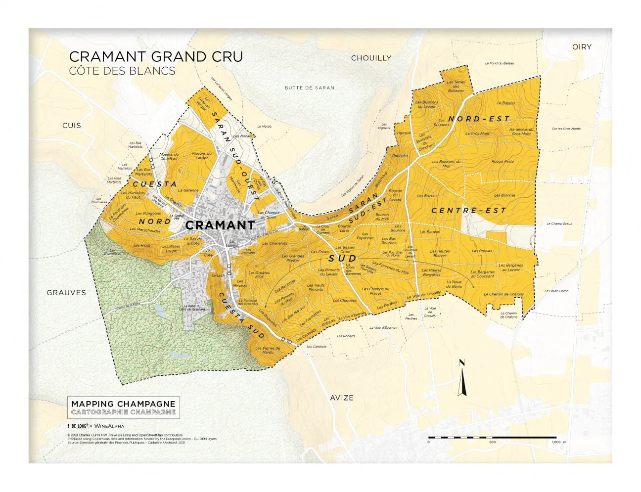 The De Long Cramant Grand Cru, Côte des Blancs Framed map details subregions and nearby areas of the Champagne village.