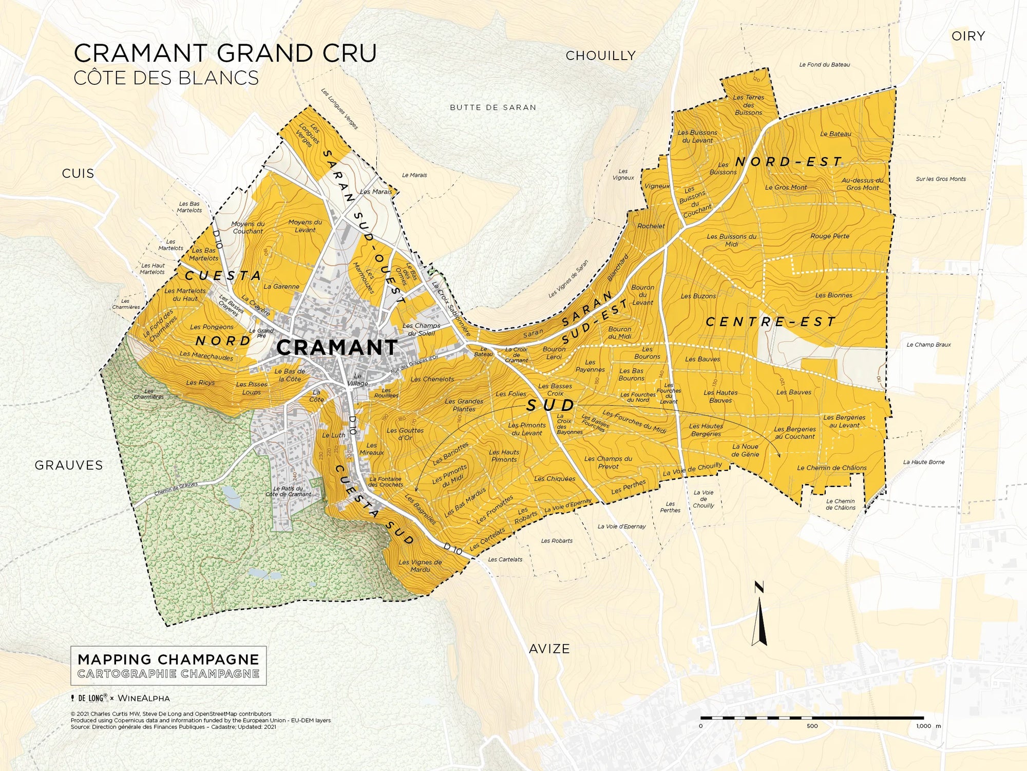 Cramant Grand Cru, Côte des Blancs map: Grand cru vineyard zones are shown in yellow, with Nord, Sud, Nord-Est, and Centre-Est marked. Local roads and key features are mapped for quick reference.