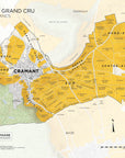 Cramant Grand Cru, Côte des Blancs map: Grand cru vineyard zones are shown in yellow, with Nord, Sud, Nord-Est, and Centre-Est marked. Local roads and key features are mapped for quick reference.