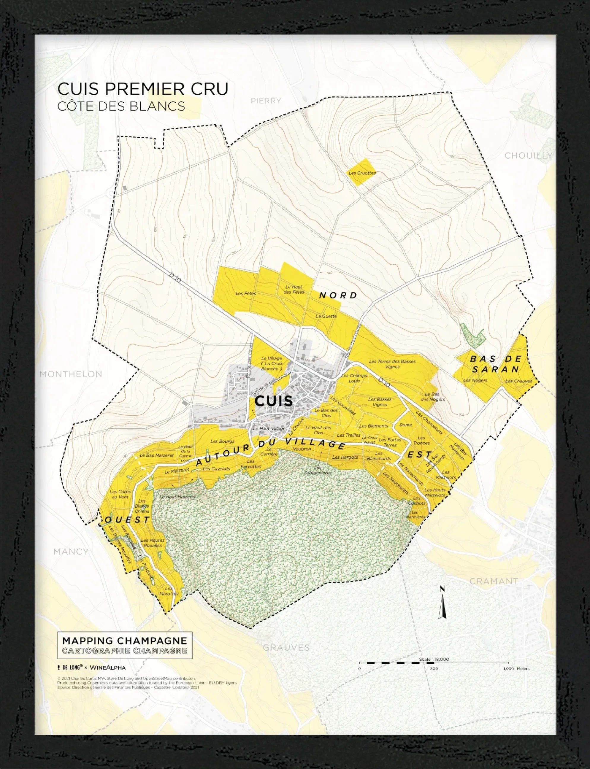 De Long’s Grauves Premier Cru, Côte des Blancs map: black & white with yellow vineyards and labeled regions, framed.