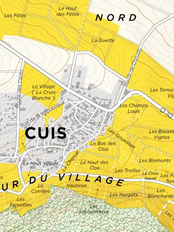 De Long’s Cuis Premier Cru, Côte des Blancs map highlights Champagne vineyard areas and village plots in yellow.