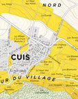 De Long’s Cuis Premier Cru, Côte des Blancs map highlights Champagne vineyard areas and village plots in yellow.