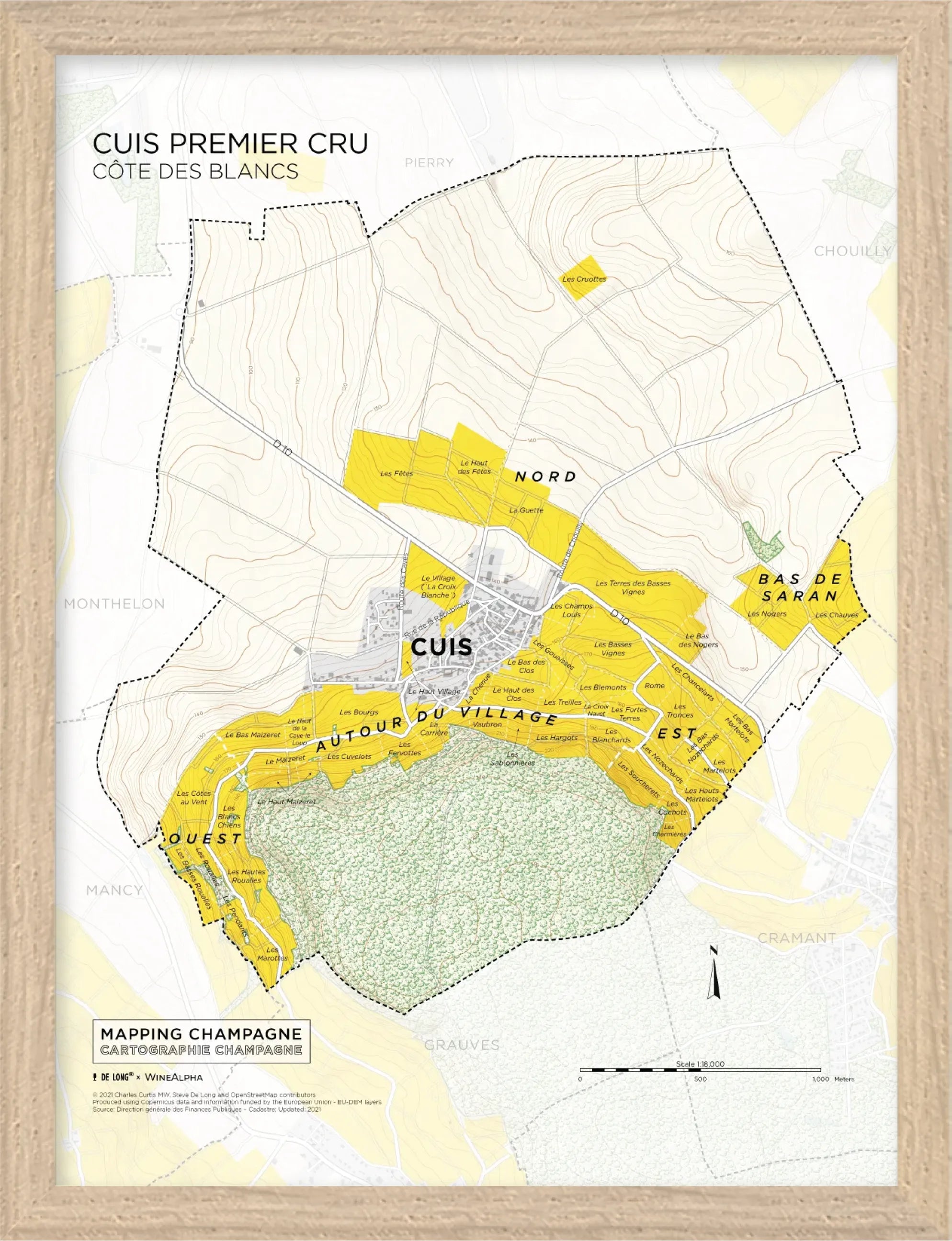 De Long's wood-framed Grauves Premier Cru Côte des Blancs map highlights Champagne vineyards around Grauves in yellow.