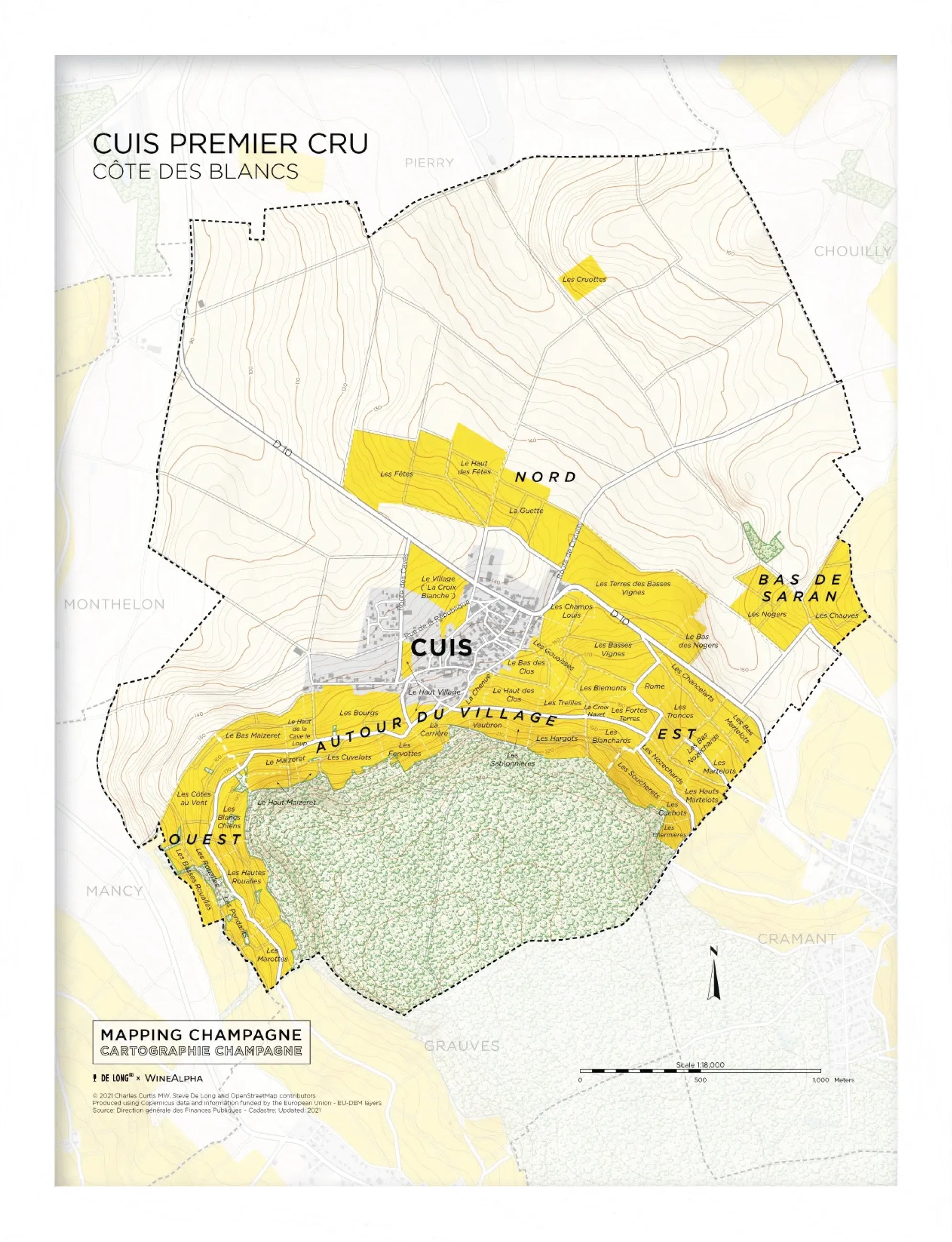 De Long's wood-framed map highlights Grauves Premier Cru, Côte des Blancs, with vineyard areas marked in yellow.