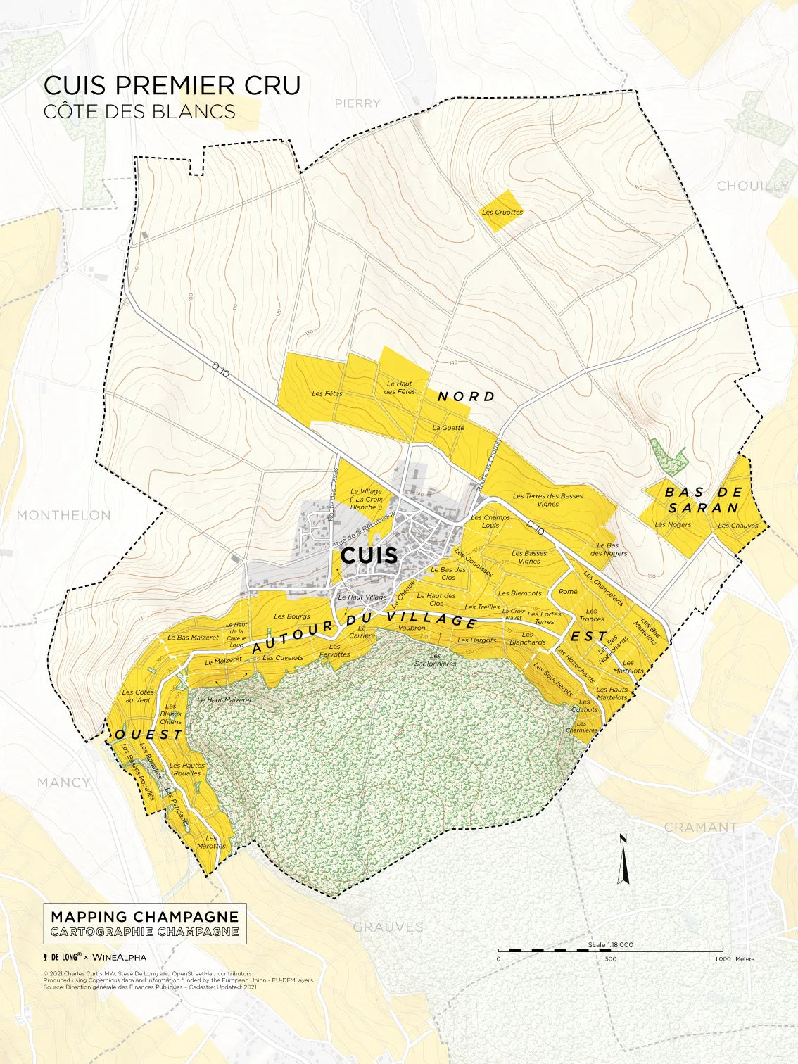 De Long Cuis Premier Cru, Côte des Blancs map with Premier Cru vineyard areas highlighted in yellow.