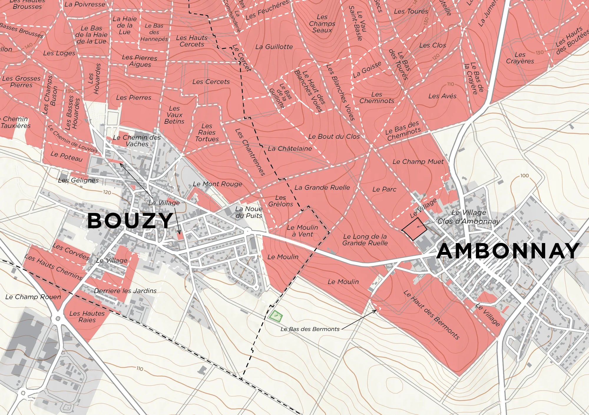 De Long’s Grande Montagne Sud, Champagne map shows Bouzy, Ambonnay, vineyards, major roads, and labeled areas.