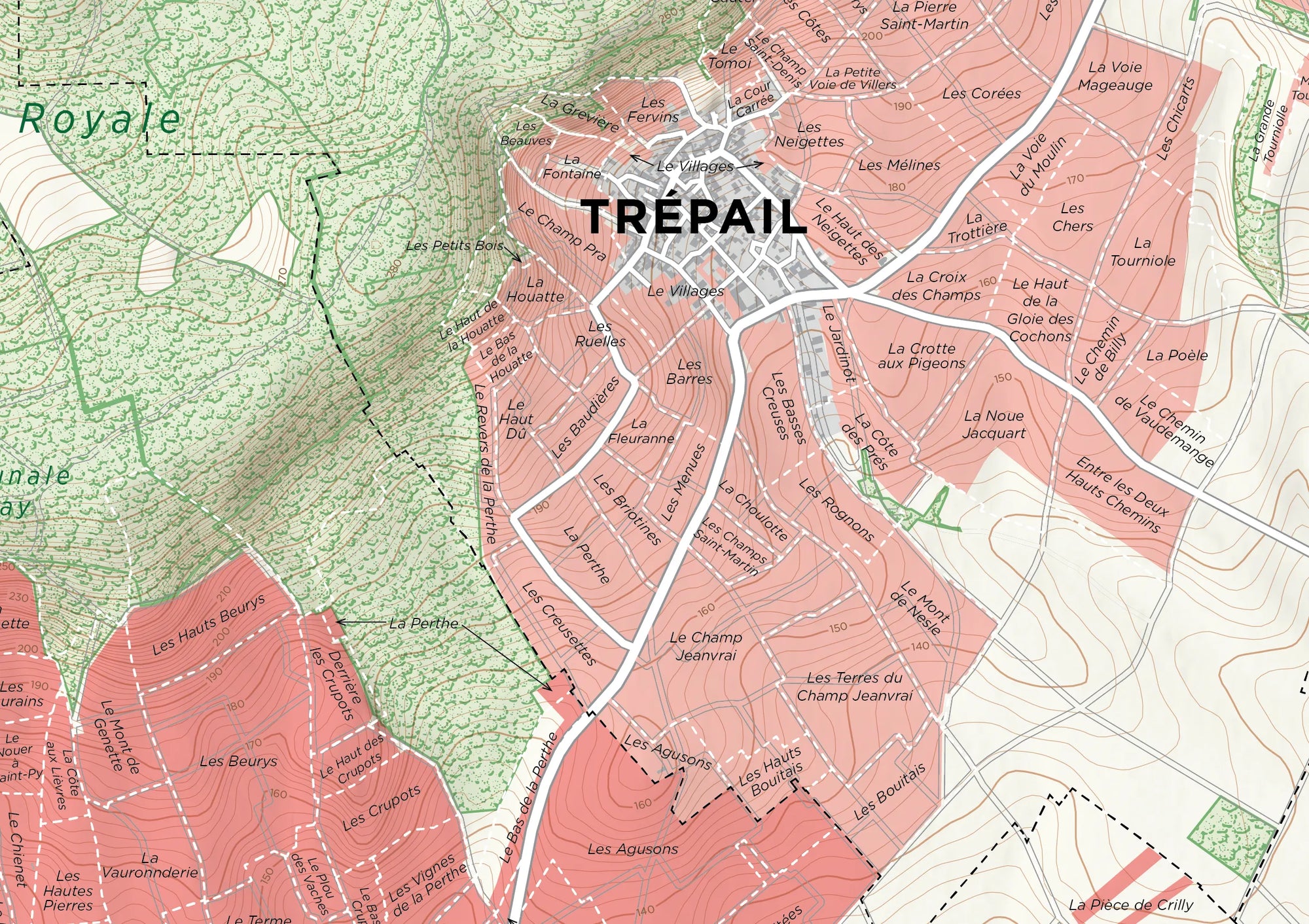De Long’s Grande Montagne Sud, Champagne map shows colored vineyards and labeled areas in Trépail, France.