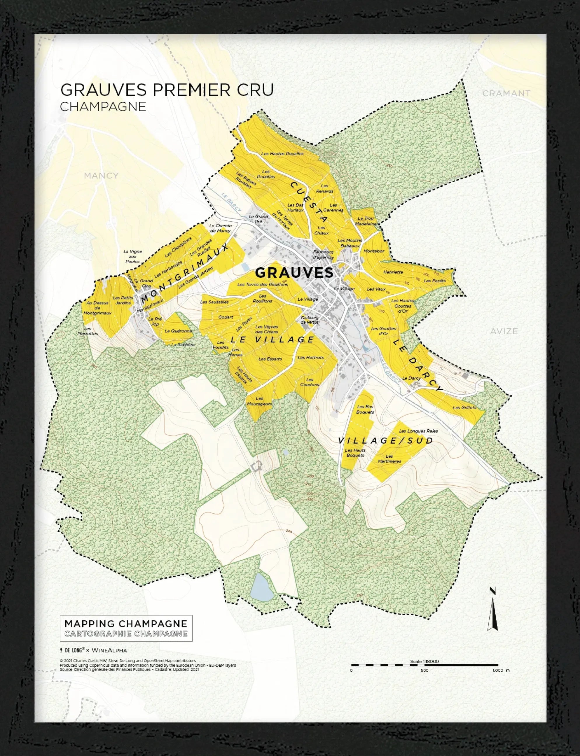De Long's Grauves Premier Cru, Côte des Blancs map shows vineyards in yellow with village and boundaries marked.