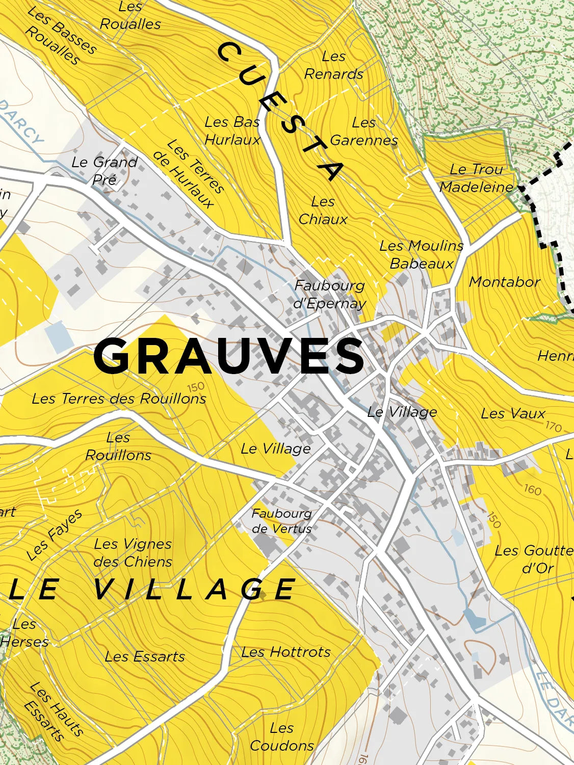 The Grauves Premier Cru, Côte des Blancs map highlights Champagne's yellow-shaded vineyards, labeled plots, contour lines, streets, green forested hills, and key spots like Faubourg de Vertus and Le Village.