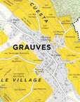 The Grauves Premier Cru, Côte des Blancs map highlights Champagne's yellow-shaded vineyards, labeled plots, contour lines, streets, green forested hills, and key spots like Faubourg de Vertus and Le Village.