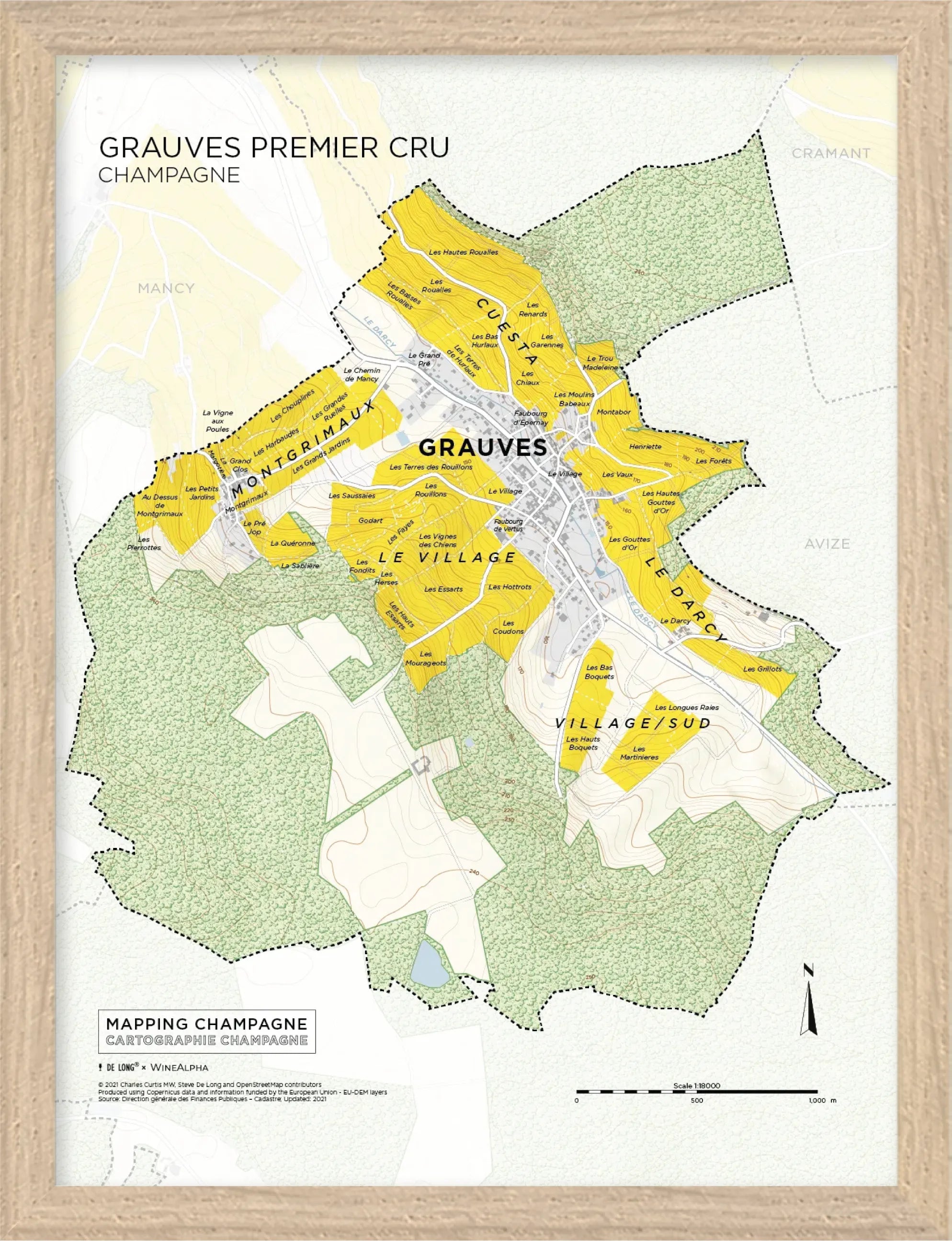 De Long's Grauves Premier Cru, Côte des Blancs Framed map shows Champagne vineyards in yellow with labeled locations.