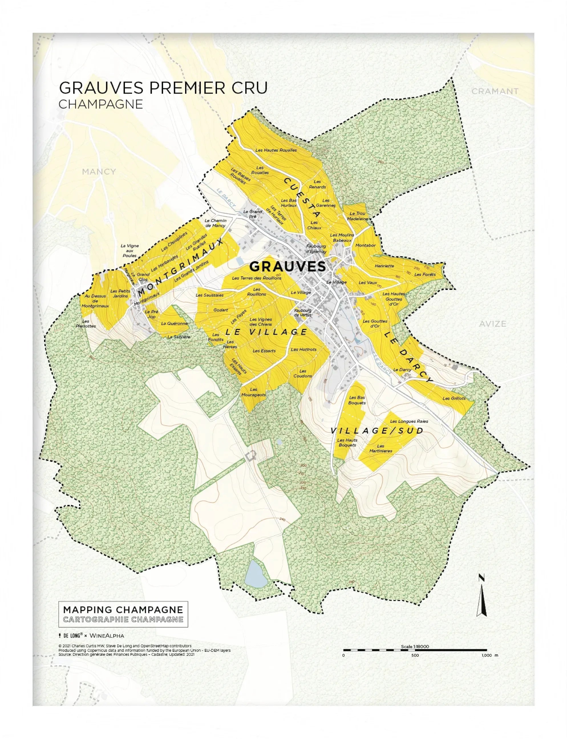 De Long’s Grauves Premier Cru, Côte des Blancs Framed map details and highlights Champagne vineyard sections.
