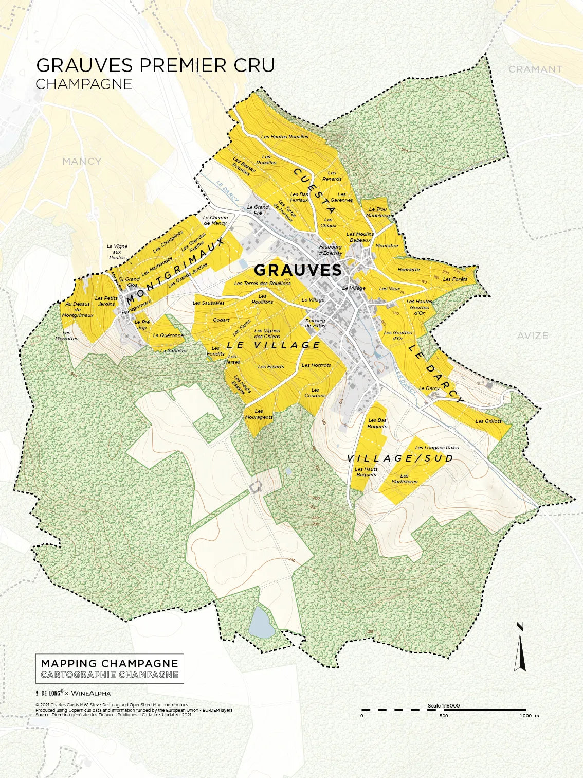 Map of Grauves Premier Cru, Côte des Blancs: vineyard areas in yellow, forests in green, with labeled sections including Le Village, Village/Sud, Montgrimaux, and Clos d'Aulnes.