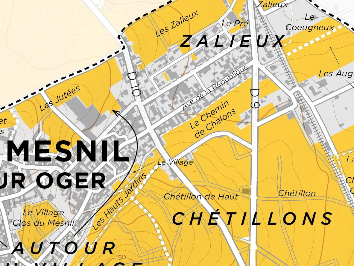 Map section labeling areas, streets, and highlights in Le Mesnil-sur-Oger Grand Cru by De Long, Côte des Blancs.