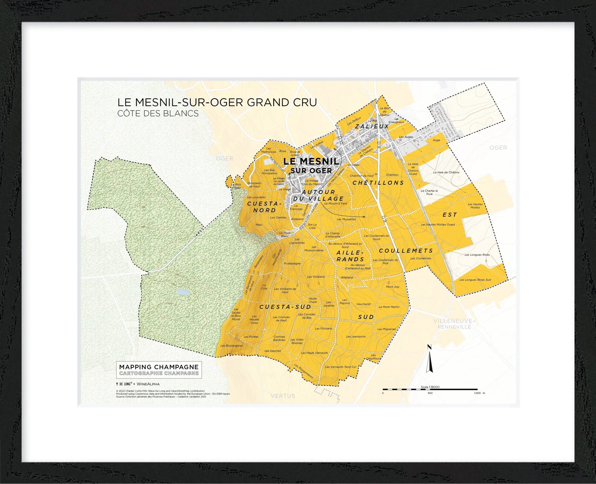 Le Mesnil-sur-Oger Grand Cru vineyard map by De Long, Côte des Blancs, framed and labeled for Mapping Champagne.