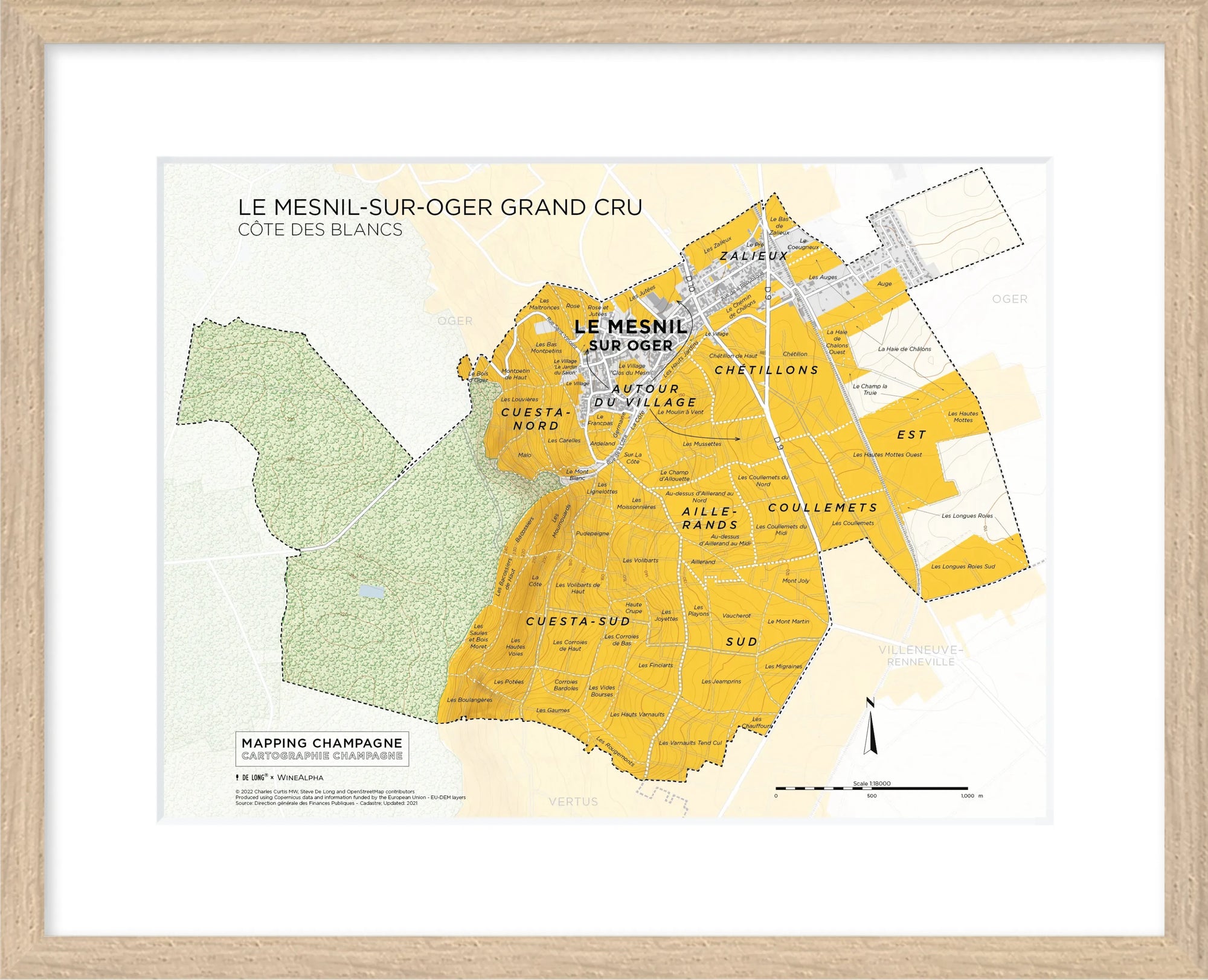 De Long’s Le Mesnil-sur-Oger Grand Cru, Côte des Blancs Framed map highlights vineyard sections in yellow.