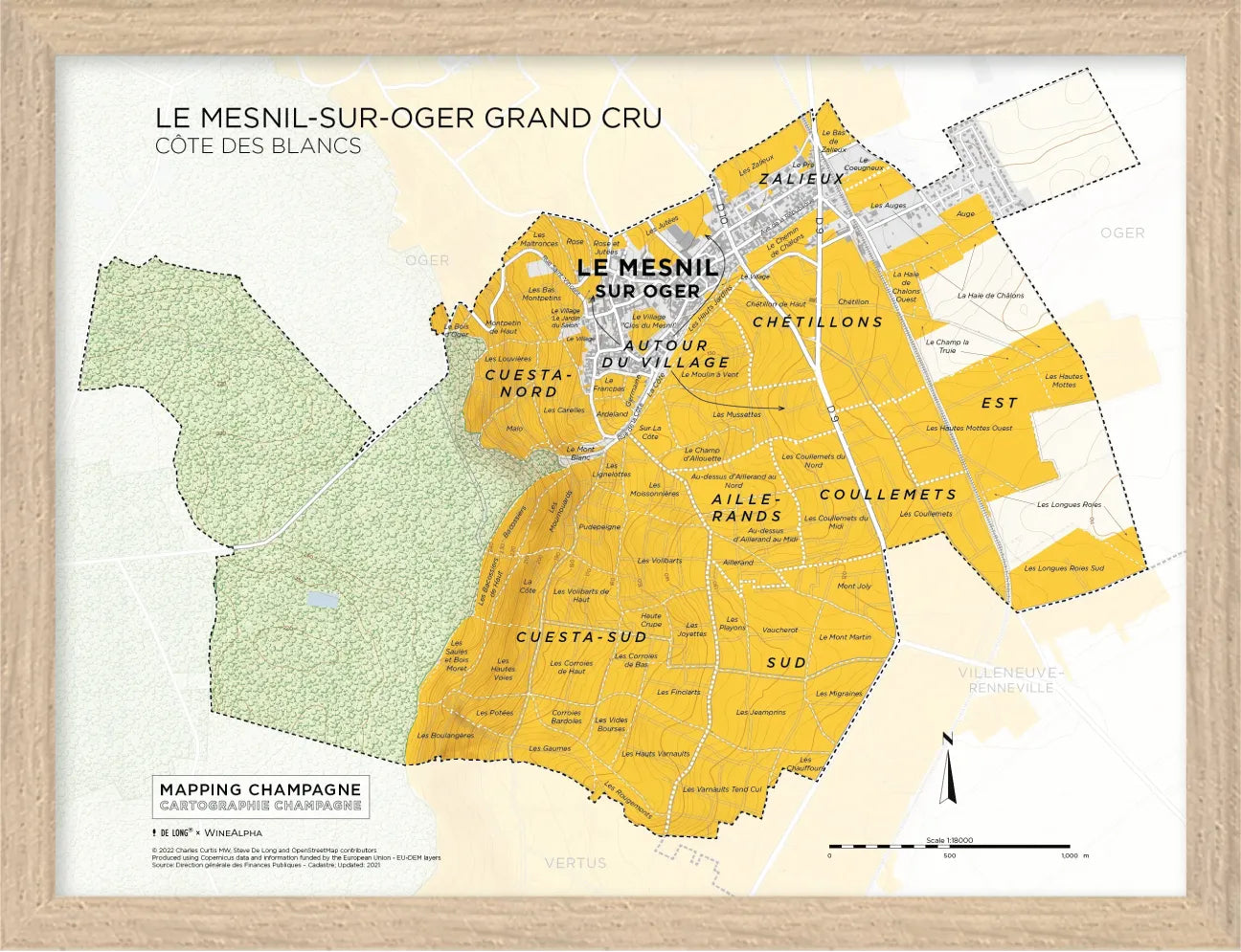 Le Mesnil-sur-Oger Grand Cru, Côte des Blancs Framed by De Long: vineyard map with labeled yellow-highlighted parcels.