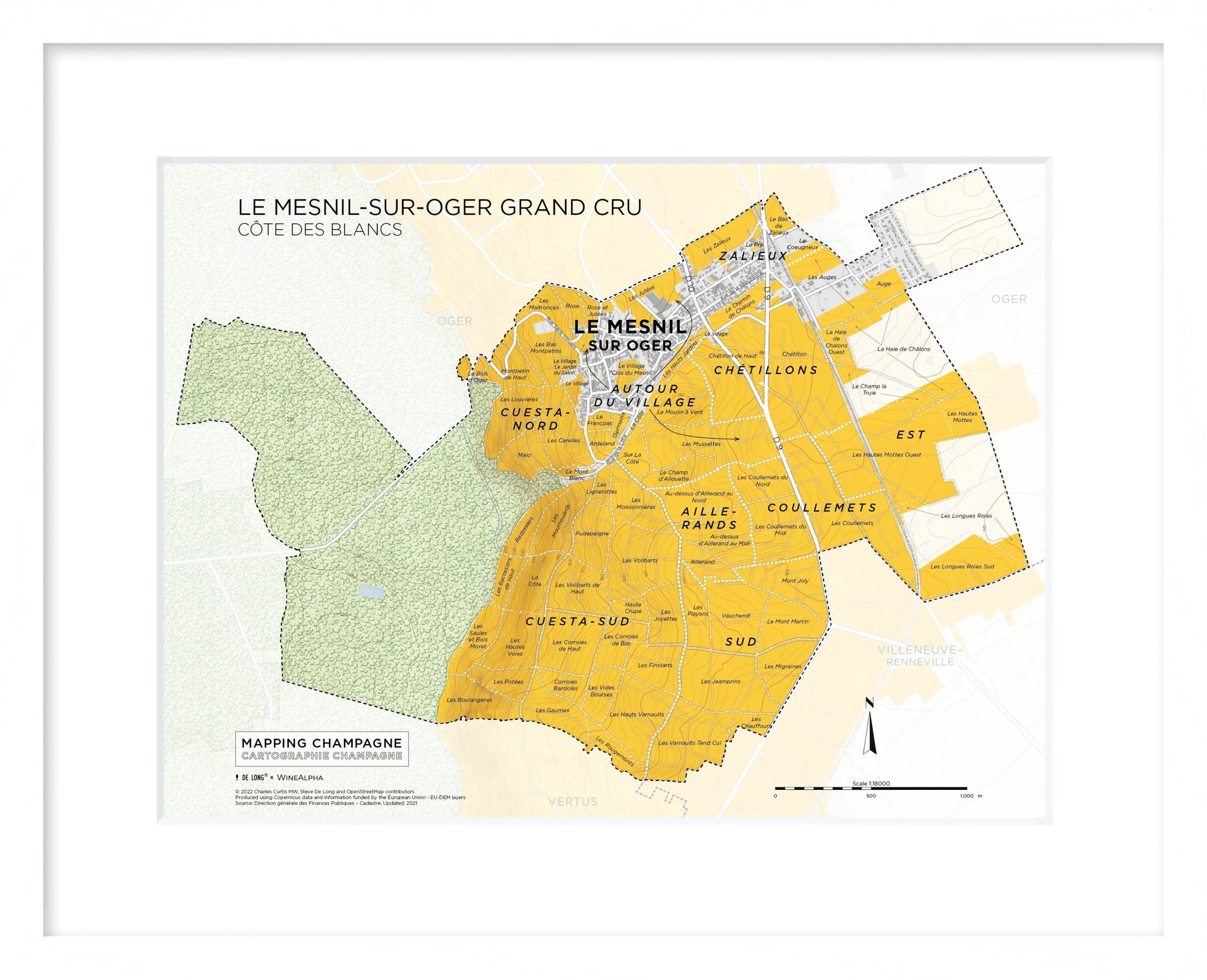 De Long Le Mesnil-sur-Oger Grand Cru, Côte des Blancs framed map with vineyards in yellow and labeled sections.