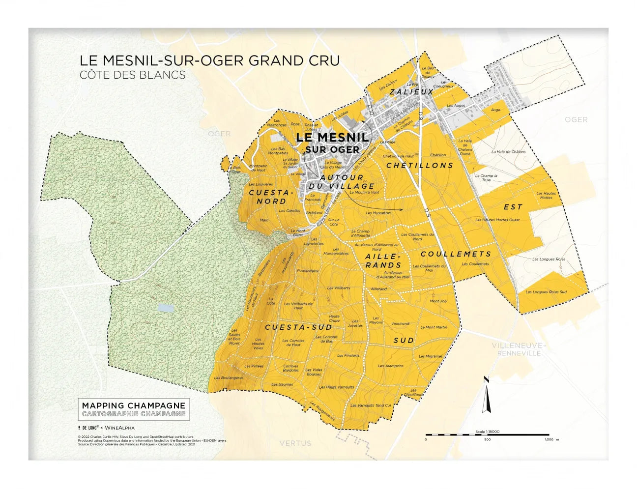 De Long Le Mesnil-sur-Oger Grand Cru, Côte des Blancs map: vineyard parcels and village shown in yellow and white.