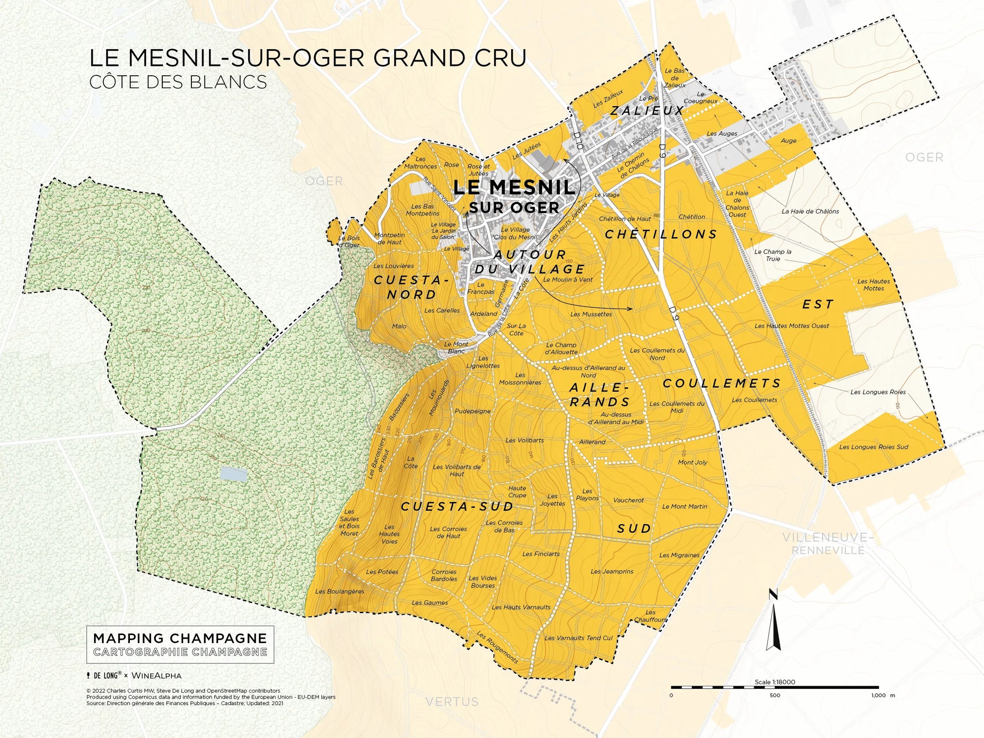De Long’s Le Mesnil-sur-Oger Grand Cru, Côte des Blancs map—vineyards labeled, shaded orange, and nearby areas marked.