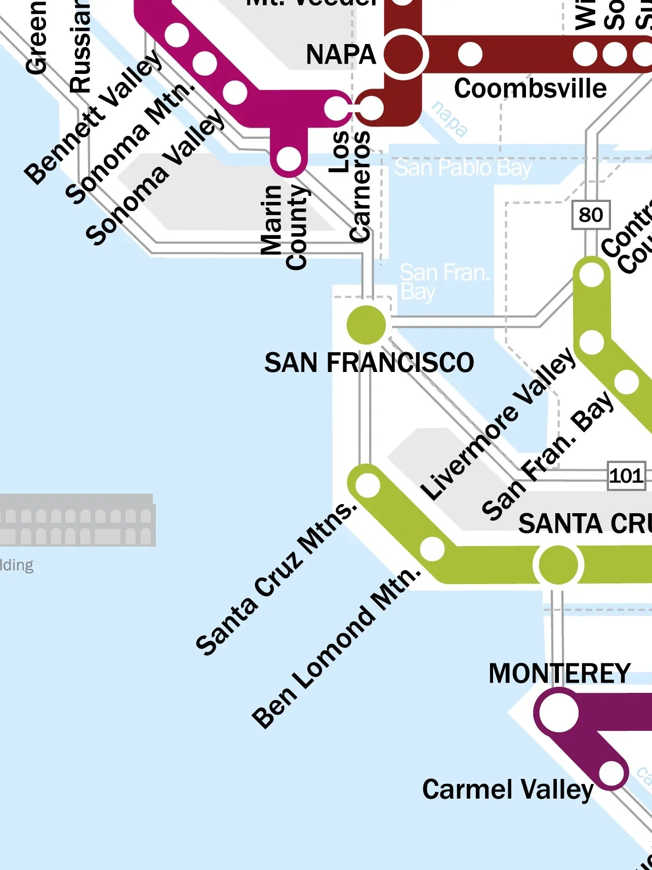 The Metro Wine Map of California features a colorful section highlighting wine regions near San Francisco, Napa, and Monterey, with bold routes like Sonoma Valley and Ben Lomond Mtn.—an ideal teaching tool beside vivid blue water areas.