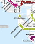 The Metro Wine Map of California features a colorful section highlighting wine regions near San Francisco, Napa, and Monterey, with bold routes like Sonoma Valley and Ben Lomond Mtn.—an ideal teaching tool beside vivid blue water areas.