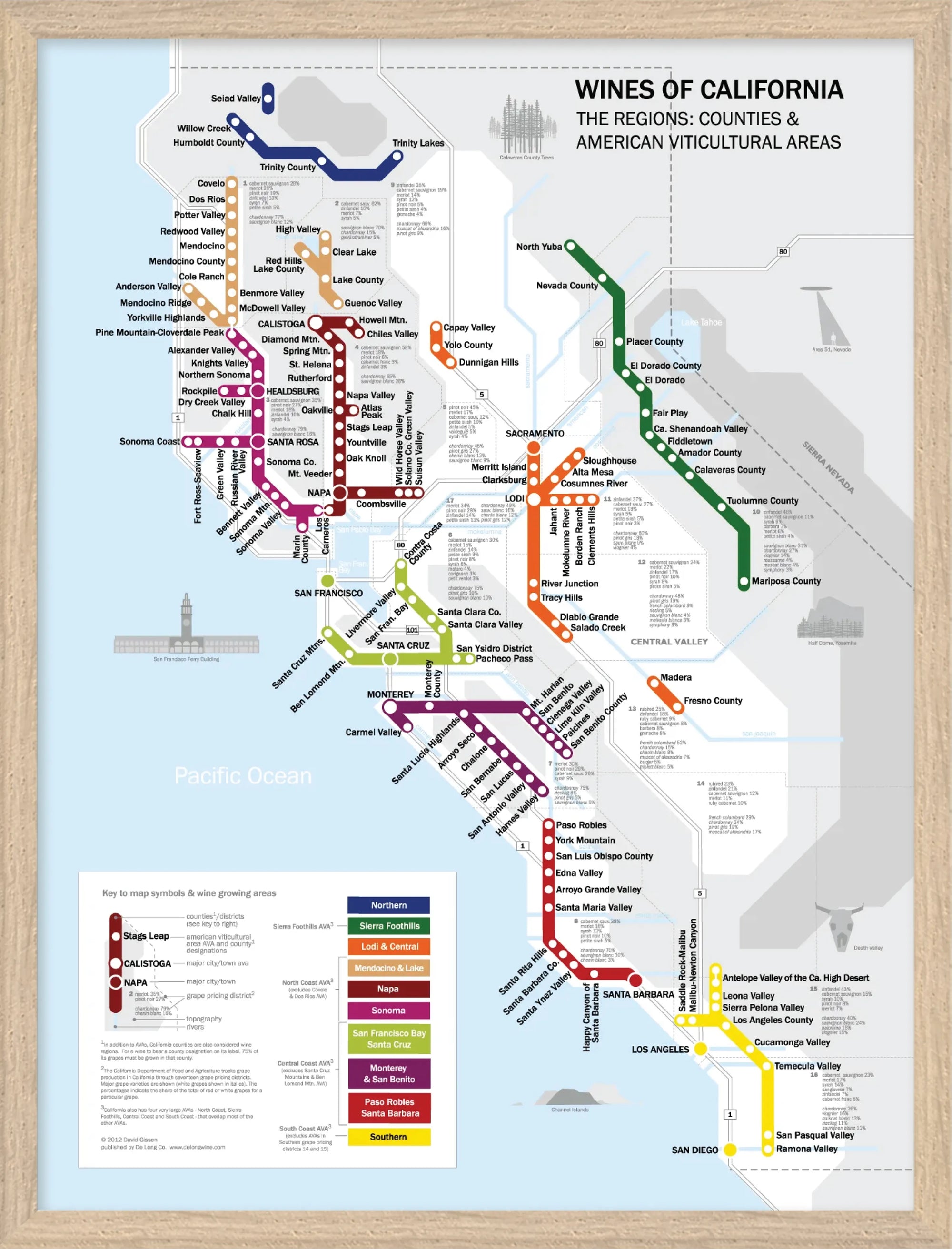 De Long Metro Wine Map of California Framed features counties and top wine areas in a unique metro-style design.