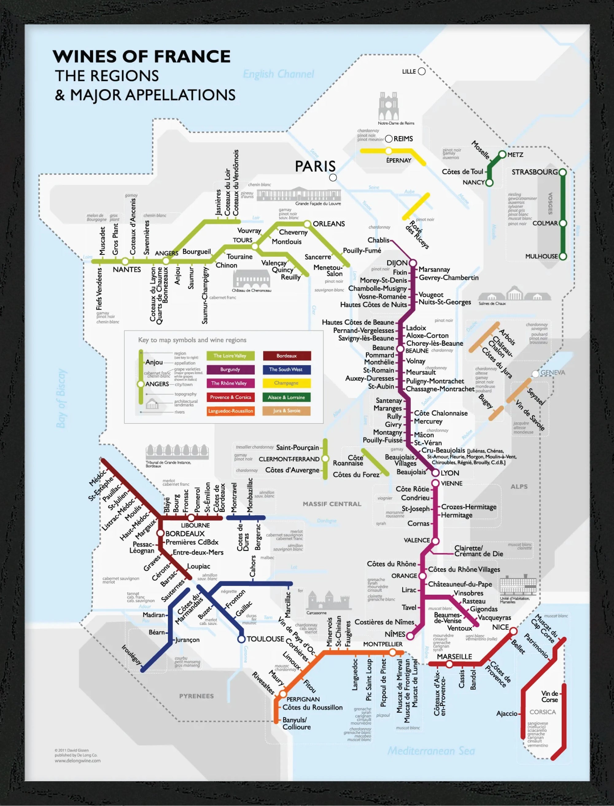 De Long Metro Wine Map of France Framed—colorful, illustrated, and ready to hang in your home or office.