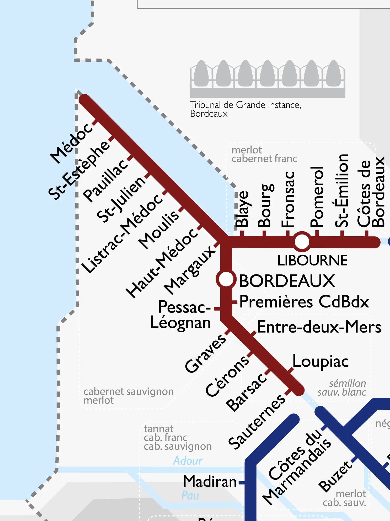 De Long's Metro Wine Map of France shows Bordeaux and other key wine regions connected by train lines.