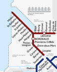 De Long's Metro Wine Map of France shows Bordeaux and other key wine regions connected by train lines.