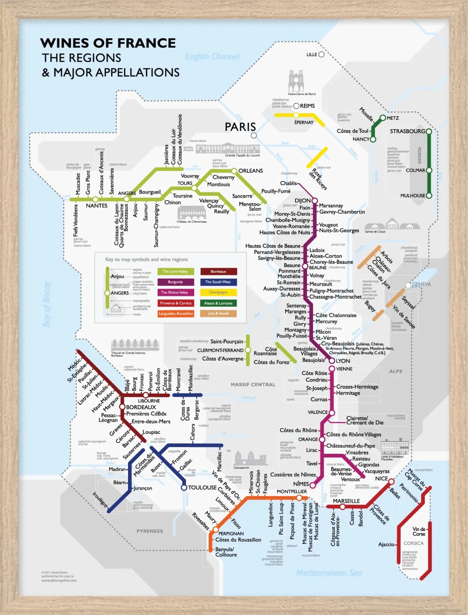 De Long Metro Wine Map of France Framed: ready to hang, wood-framed, shows wine regions as a colorful transit map.