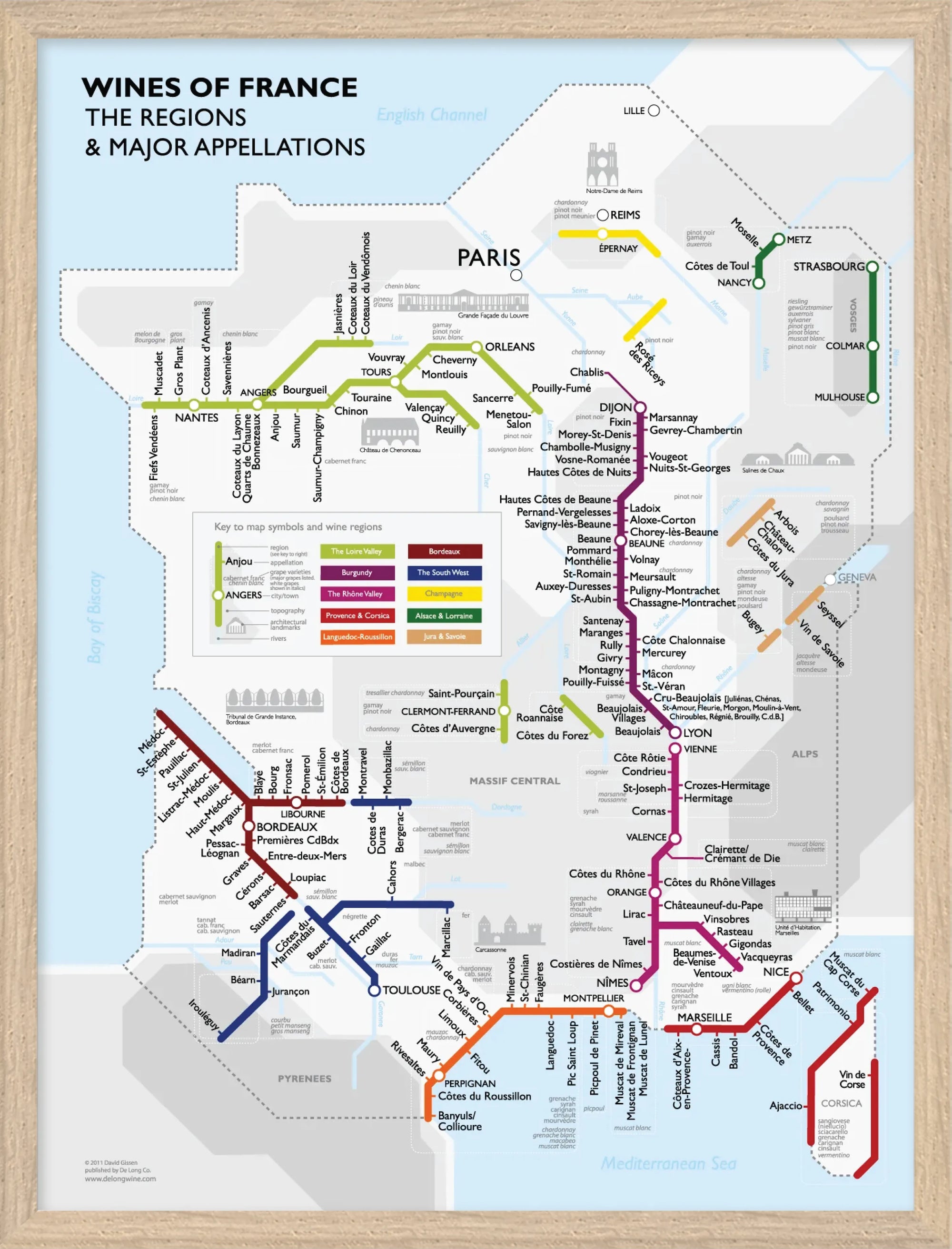 De Long Metro Wine Map of France Framed: ready to hang, wood-framed, shows wine regions as a colorful transit map.