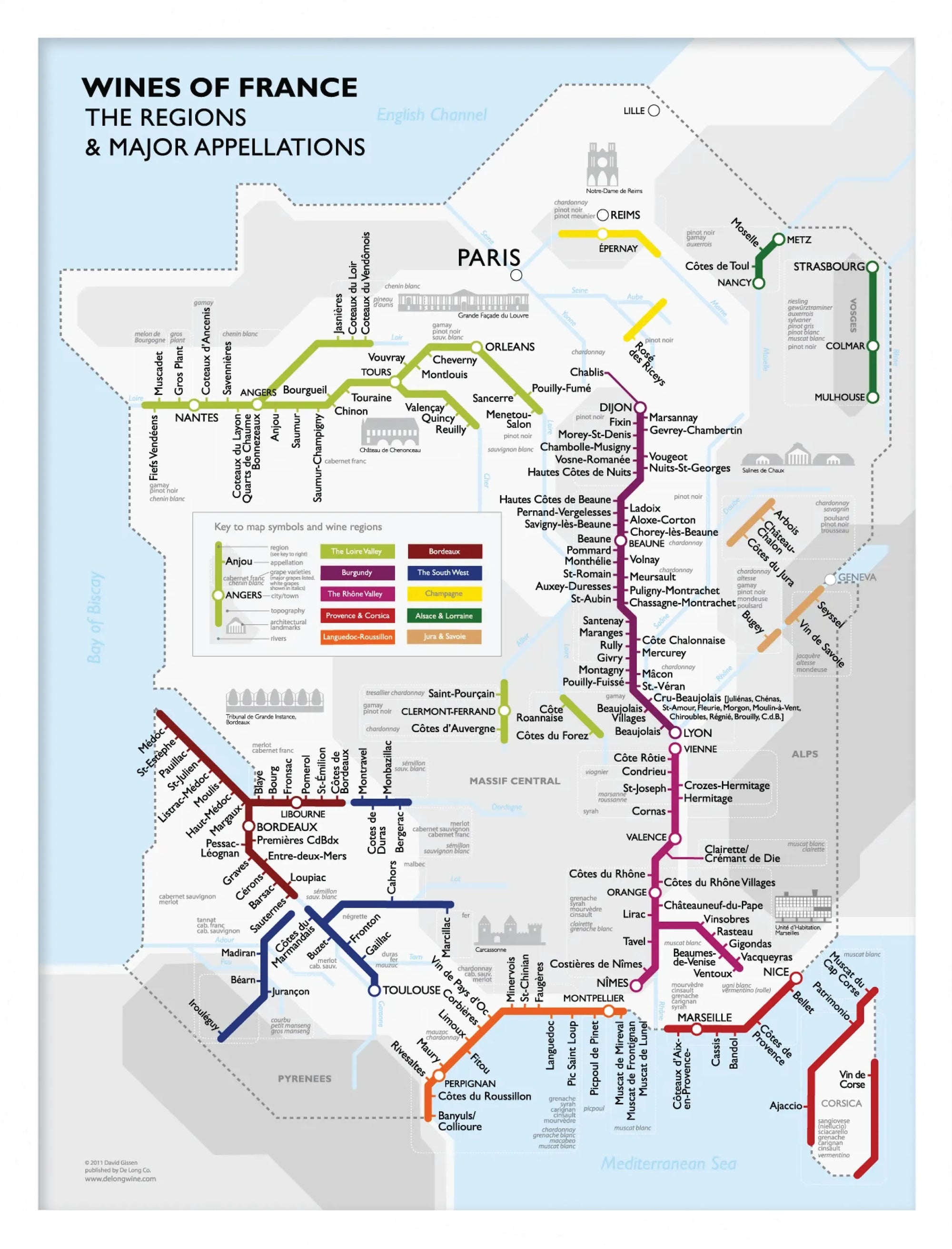 De Long Metro Wine Map of France Framed shows major wine regions in a unique metro-style design.