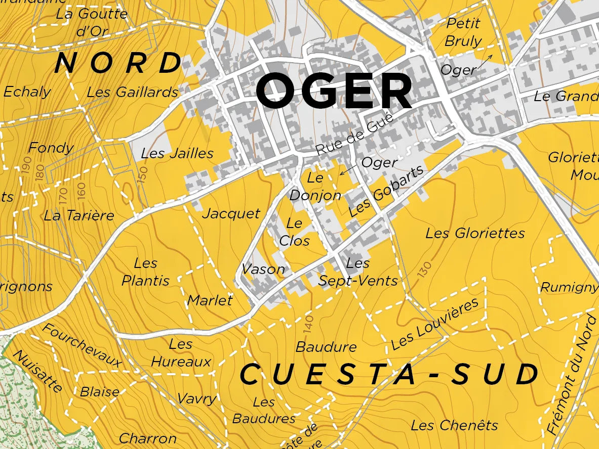 Map of Oger Grand Cru, Côte des Blancs, featuring labeled streets, surrounding areas like Nord and Cuesta-Sud, highlighted vineyard zones in yellow, and detailed locality names for comprehensive Champagne mapping.