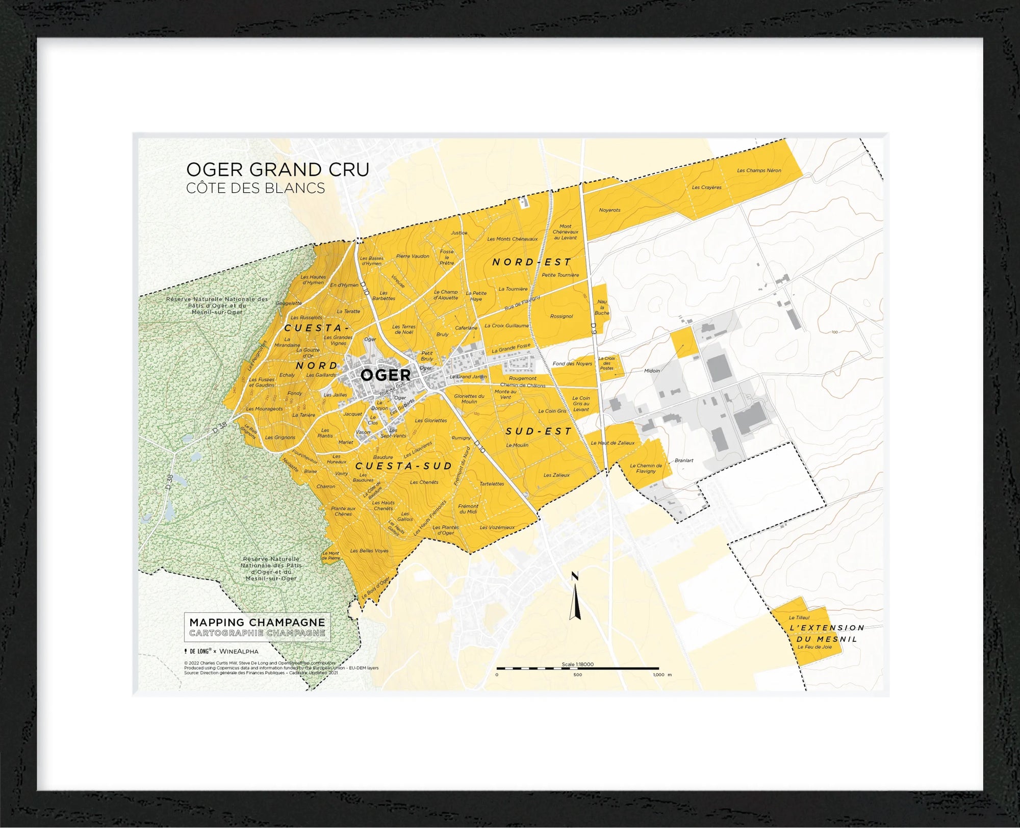 De Long Oger Grand Cru, Côte des Blancs Framed map shows Champagne vineyards and yellow-labeled subregions.